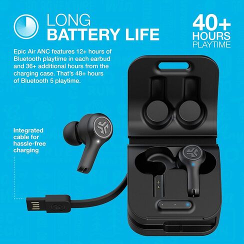 سماعات أذن JLab Epic Air ANC True Wireless Bluetooth 5، إلغاء الضوضاء النشط، مقاومة للتعرق IP55، عمر بطارية 12 ساعة، علبة شحن 36 ساعة، وضع فيلم منخفض الكمون، 3 إعدادات صوت EQ in Kuwait
