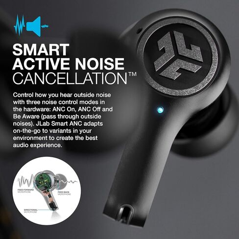 سماعات أذن JLab Epic Air ANC True Wireless Bluetooth 5، إلغاء الضوضاء النشط، مقاومة للتعرق IP55، عمر بطارية 12 ساعة، علبة شحن 36 ساعة، وضع فيلم منخفض الكمون، 3 إعدادات صوت EQ in Kuwait