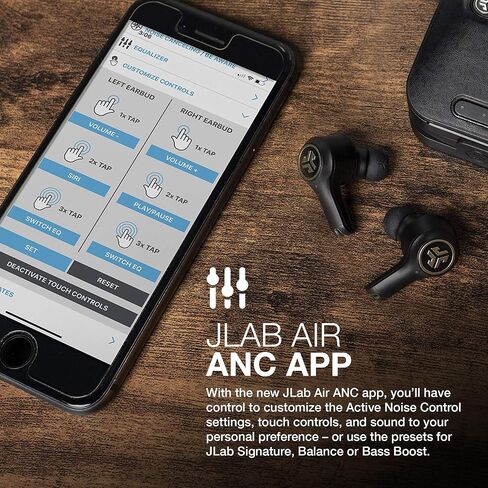 سماعات أذن JLab Epic Air ANC True Wireless Bluetooth 5، إلغاء الضوضاء النشط، مقاومة للتعرق IP55، عمر بطارية 12 ساعة، علبة شحن 36 ساعة، وضع فيلم منخفض الكمون، 3 إعدادات صوت EQ in Kuwait