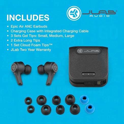سماعات أذن JLab Epic Air ANC True Wireless Bluetooth 5، إلغاء الضوضاء النشط، مقاومة للتعرق IP55، عمر بطارية 12 ساعة، علبة شحن 36 ساعة، وضع فيلم منخفض الكمون، 3 إعدادات صوت EQ in Kuwait