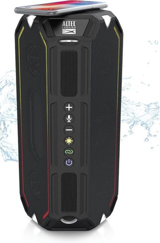 Altec Lansing HydraShock Bluetooth Speaker USB Type-C Rechargeable Portable Speaker Wireless Charger for Phone, Stereo Speaker w/LED Lights for Pool Beach Hiking Camping, 20 Hour Playtime (Black) in Kuwait