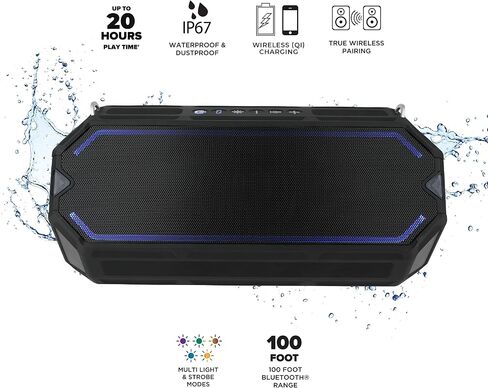 Altec Lansing HydraShock Bluetooth Speaker USB Type-C Rechargeable Portable Speaker Wireless Charger for Phone, Stereo Speaker w/LED Lights for Pool Beach Hiking Camping, 20 Hour Playtime (Black) in Kuwait