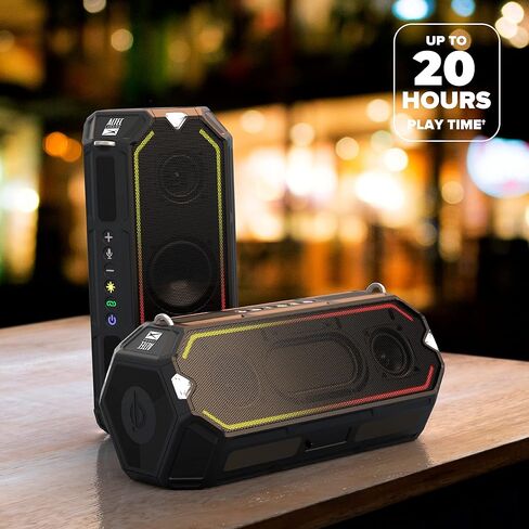 Altec Lansing HydraShock Bluetooth Speaker USB Type-C Rechargeable Portable Speaker Wireless Charger for Phone, Stereo Speaker w/LED Lights for Pool Beach Hiking Camping, 20 Hour Playtime (Black) in Kuwait