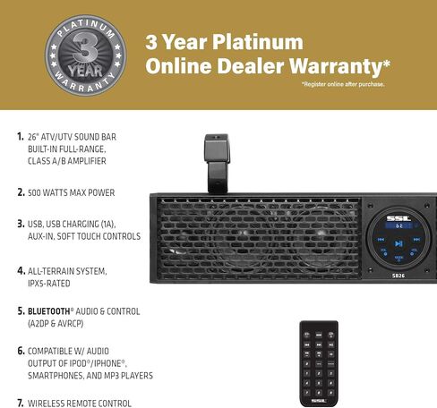 نظام شريط الصوت Sound Storm Laboratories SB26 UTV - بعرض 26 بوصة، مقاوم للطقس بتصنيف IPX5، بلوتوث، مضخم، مكبرات صوت 4 بوصة، مكبرات صوت محملة بقرن 1 بوصة، سهلة التركيب للمركبات 12 فولت in Kuwait