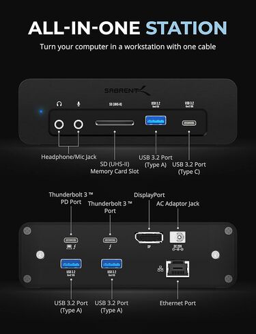محطة إرساء SABRENT Thunderbolt 3 سعة 8 تيرابايت NVMe SSD مع منفذ DisplayPort وقارئ بطاقة SD ومنفذ إيثرنت وتوصيل الطاقة (DS-SKRT-D8TB) أسود in Saudi Arabia