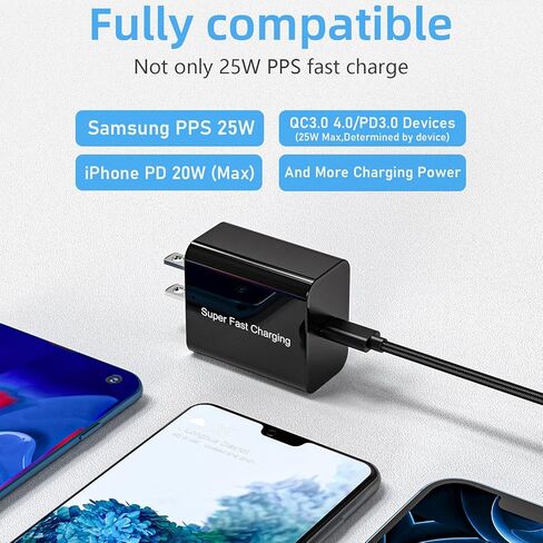 شاحن وكابل USB C 25 وات لهاتف Samsung Galaxy S23 S20 S21 S22 Ultra FE/A52 A53 A54 A34 A24 A23 5G/A52S A51 A71 A13، Tab S7/S8 S6، Pixel 7 5 XL 6 Pro، قابس محول طاقة جداري فائق السرعة in Kuwait