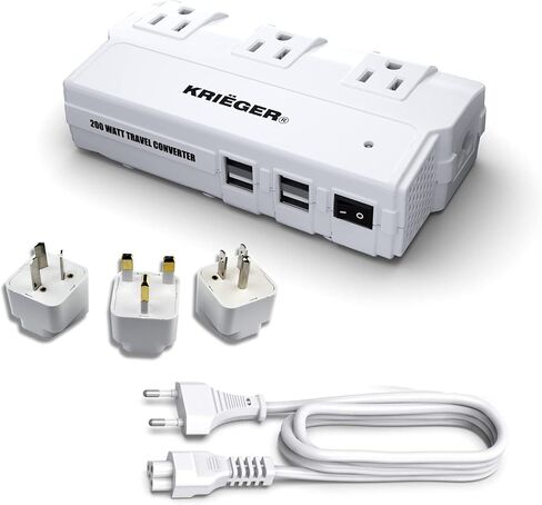 محول السفر العالمي K KRIËGER، محول تنحي بقدرة 200 واط، محول طاقة دولي مع 4 منافذ USB شحن إجمالي 6 أمبير، 3 منافذ تيار متردد لمحول التوصيل العالمي للولايات المتحدة الأمريكية والاتحاد الأوروبي والمملكة المتحدة وأستراليا in Kuwait