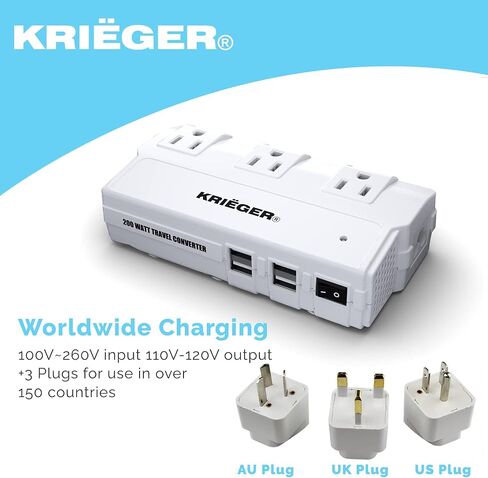 محول السفر العالمي K KRIËGER، محول تنحي بقدرة 200 واط، محول طاقة دولي مع 4 منافذ USB شحن إجمالي 6 أمبير، 3 منافذ تيار متردد لمحول التوصيل العالمي للولايات المتحدة الأمريكية والاتحاد الأوروبي والمملكة المتحدة وأستراليا in Kuwait