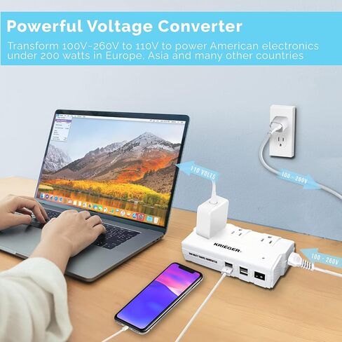 محول السفر العالمي K KRIËGER، محول تنحي بقدرة 200 واط، محول طاقة دولي مع 4 منافذ USB شحن إجمالي 6 أمبير، 3 منافذ تيار متردد لمحول التوصيل العالمي للولايات المتحدة الأمريكية والاتحاد الأوروبي والمملكة المتحدة وأستراليا in Kuwait