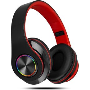 Bluetooth Headphones Over-Ear, 60 Hours Playtime Foldable Lightweight Wireless Headphones Hi-Fi Stereo, Bass Adjustable Headset with Built-in HD Mic, FM, SD/TF for PC/Home (Black+Red)