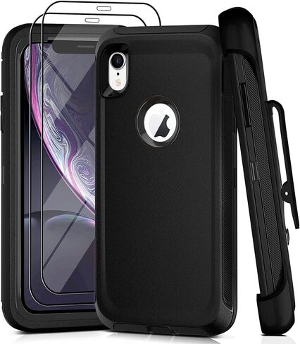 for iPhone XR Case with Belt Clip and 2 Pack Screen Protector - Military Grade Rugged Full Body Phone Case for Men and Women (Black+Orange) in Kuwait