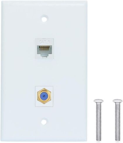 Ethernet Coax Wall Plate 2Port,PHIZLI 1 Cat6 Ethernet Port and 1 Gold-Plated Cable TV Coax F Type Port Wall Plate (White) in Kuwait