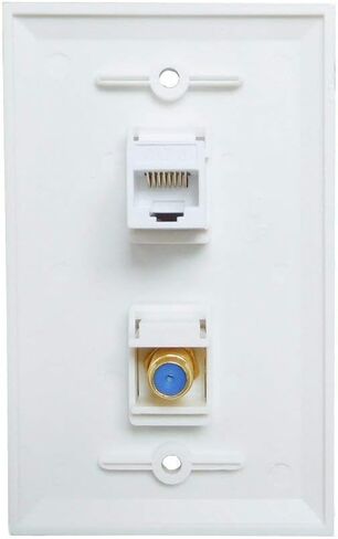 Ethernet Coax Wall Plate 2Port,PHIZLI 1 Cat6 Ethernet Port and 1 Gold-Plated Cable TV Coax F Type Port Wall Plate (White) in Kuwait