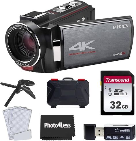 فوتو 4 ليس كاميرا فيديو MN4K25NV 4K UHD / 30 ميجابكسل للرؤية الليلية (اسود) + بطاقة ذاكرة SD 32GB + حافظة صلبة لبطاقة الذاكرة + قارئ بطاقة SD USB عالي السرعة + حامل ثلاثي القوائم للطاولة من مينولتا in Kuwait