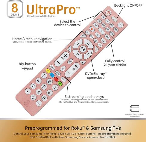 GE 8-Device Backlit Universal Remote Control for Samsung, Vizio, LG, Sony, Sharp, Roku, Apple TV, RCA, Panasonic, Smart TV, Streaming Players, Blu-Ray, DVD, Simple Setup, Rose, 47511 in Saudi Arabia