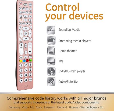 GE 8-Device Backlit Universal Remote Control for Samsung, Vizio, LG, Sony, Sharp, Roku, Apple TV, RCA, Panasonic, Smart TV, Streaming Players, Blu-Ray, DVD, Simple Setup, Rose, 47511 in Saudi Arabia