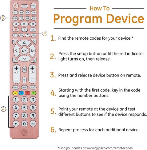 GE 8-Device Backlit Universal Remote Control for Samsung, Vizio, LG, Sony, Sharp, Roku, Apple TV, RCA, Panasonic, Smart TV, Streaming Players, Blu-Ray, DVD, Simple Setup, Rose, 47511 in Saudi Arabia