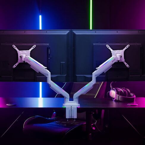 AVLT RGB Lights Dual 17"-43" Gaming Monitor Arm Desk Mount, Fits Two Flat/Curved/Ultrawide Screen up to 44lbs(20kg), Height Swivel Tilt Adjustable Stand – White in Kuwait