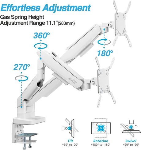 AVLT RGB Lights Dual 17"-43" Gaming Monitor Arm Desk Mount, Fits Two Flat/Curved/Ultrawide Screen up to 44lbs(20kg), Height Swivel Tilt Adjustable Stand – White in Kuwait