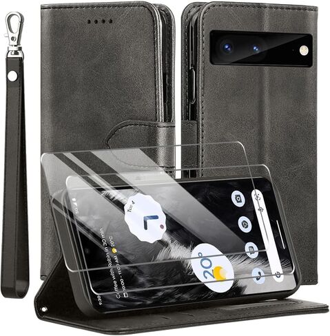 حافظة لهاتف Google Pixel 8 وواقي شاشة من الزجاج المقسى، غطاء محفظة من جلد البولي يوريثان واقي حافظة هاتف [حماية كاملة] [فتحات للبطاقات] [مسند] لهاتف Google Pixel 8، أسود in Kuwait