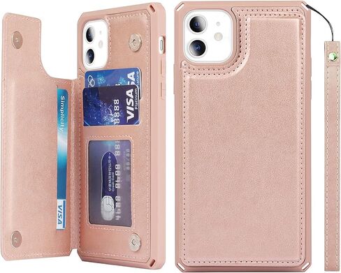iCoverCase Compatible with iPhone 11 Wallet Phone Case with Card Holder for Women, RFID Blocking Embossed PU Leather Wrist Strap Case 6.1 Inch (Heart Rose Gold) in Kuwait