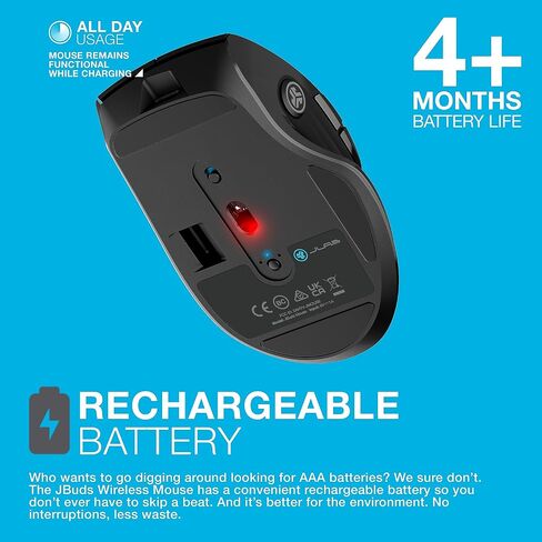 ماوس JLab JBuds اللاسلكي، الاتصال عبر بلوتوث أو دونجل USB لاسلكي، تبديل متعدد الأجهزة، ما يصل إلى ثلاثة أجهزة، ملفات تعريف مستخدم مخصصة، تتبع قابل للتعديل، حجم كامل، قابل لإعادة الشحن، (حزمة واحدة) in Saudi Arabia