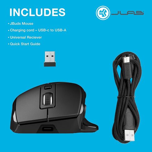 ماوس JLab JBuds اللاسلكي، الاتصال عبر بلوتوث أو دونجل USB لاسلكي، تبديل متعدد الأجهزة، ما يصل إلى ثلاثة أجهزة، ملفات تعريف مستخدم مخصصة، تتبع قابل للتعديل، حجم كامل، قابل لإعادة الشحن، (حزمة واحدة) in Saudi Arabia