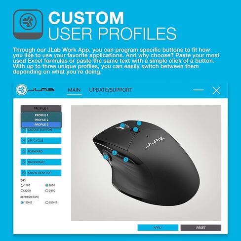 ماوس JLab JBuds اللاسلكي، الاتصال عبر بلوتوث أو دونجل USB لاسلكي، تبديل متعدد الأجهزة، ما يصل إلى ثلاثة أجهزة، ملفات تعريف مستخدم مخصصة، تتبع قابل للتعديل، حجم كامل، قابل لإعادة الشحن، (حزمة واحدة) in Saudi Arabia