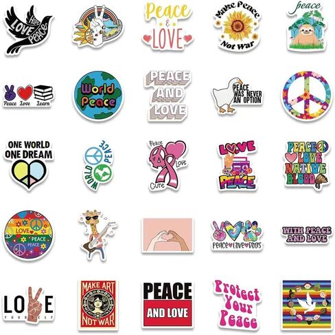 ملصقات Love World Peace | 50 قطعة من ملصقات الفينيل المقاومة للماء لزجاجات المياه والكمبيوتر المحمول وكوب الأمتعة والكمبيوتر المحمول والهاتف المحمول وخوذة الجيتار وديكور لوح التزلج in Kuwait