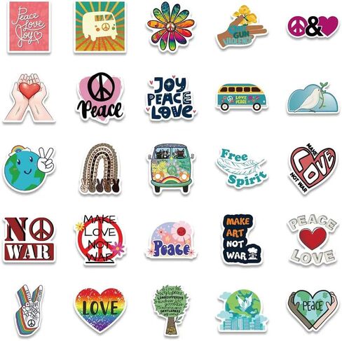 ملصقات Love World Peace | 50 قطعة من ملصقات الفينيل المقاومة للماء لزجاجات المياه والكمبيوتر المحمول وكوب الأمتعة والكمبيوتر المحمول والهاتف المحمول وخوذة الجيتار وديكور لوح التزلج in Kuwait