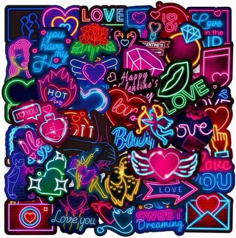 ملصقات الحب، 52 قطعة من ملصقات الفينيل بنمط النيون للبالغين، ملصقات حب للزوجين لسكرابوكينغ، عيد الحب I Love You Heart ملصقات وشارات للكمبيوتر المحمول، زجاجة مياه، كتاب in Kuwait