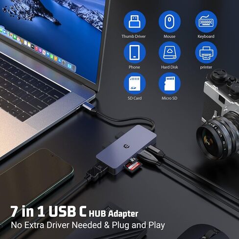 7 in 1 USB C Hub, HOPDAY USB C Adapter with 4K HDMI Dual Display, 100W Type C PD,3 USB 3.0 5Gbps, SD/TF, USB C to HDMI Multiport Dongle for MacBook, iMac, Ipad, HP, Dell, XPS, Surface in Kuwait