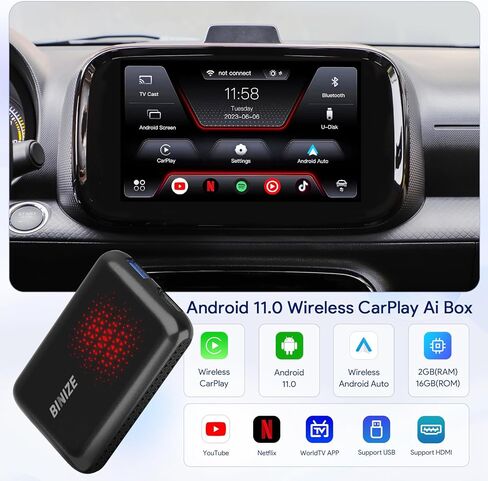 صندوق Binize Carplay AI يدعم CarPlay Android Auto اللاسلكي، صندوق Carplay السحري لسيارات CarPlay السلكية في المصنع، يدعم HDMI، USB، مرآة الهاتف، Stream Netflix، YouTube، Disney، Hulu إلى سيارتك in Kuwait