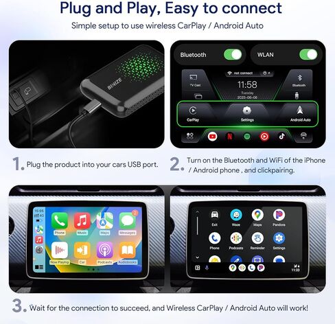 صندوق Binize Carplay AI يدعم CarPlay Android Auto اللاسلكي، صندوق Carplay السحري لسيارات CarPlay السلكية في المصنع، يدعم HDMI، USB، مرآة الهاتف، Stream Netflix، YouTube، Disney، Hulu إلى سيارتك in Kuwait
