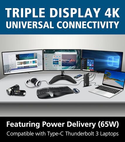 محطة إرساء Diamond Multimedia DS3900PD Diamond Multimedia Triple Display 4K Universal Type-C مع توصيل الطاقة (65 وات) لأجهزة الكمبيوتر المحمولة Mac وWindows المجهزة من النوع C/Thunderbolt 3 in Kuwait