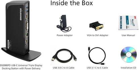 محطة إرساء Diamond Multimedia DS3900PD Diamond Multimedia Triple Display 4K Universal Type-C مع توصيل الطاقة (65 وات) لأجهزة الكمبيوتر المحمولة Mac وWindows المجهزة من النوع C/Thunderbolt 3 in Kuwait