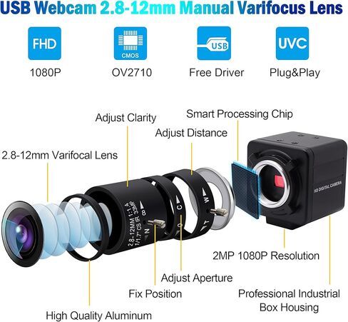 كاميرا USB 1080P مع تكبير 2.8-12 مم كاميرا ويب بتركيز متغير وكاميرا كمبيوتر عالية السرعة صغيرة UVC USB2.0 USB مع كاميرا للكمبيوتر الصناعي وكاميرا فيديو مقربة 100 إطار في الثانية 60 إطارًا في الثانية وكاميرا ويب بعدسة متغيرة البعد in Kuwait