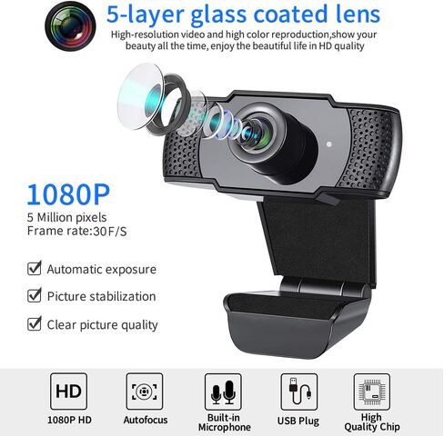1080P HD Webcam with Microphone, USB Webcam for Laptop Desktop, Full HD Camera 110 Degree Widescreen Streaming Webcam for Recording, Video Conferencing, Zoom, YouTube, Gaming, Studying in Kuwait