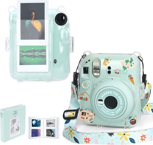 حافظة كاميرا شفافة متوافقة مع كاميرا Fujifilm Instax Mini 12 الفورية - حافظة كاميرا صغيرة 12، حزام كتف بنمط لطيف وملصقات نمطية، وألبوم 64 جيب (أرجواني) in Kuwait