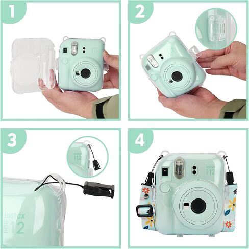 حافظة كاميرا شفافة متوافقة مع كاميرا Fujifilm Instax Mini 12 الفورية - حافظة كاميرا صغيرة 12، حزام كتف بنمط لطيف وملصقات نمطية، وألبوم 64 جيب (أرجواني) in Kuwait