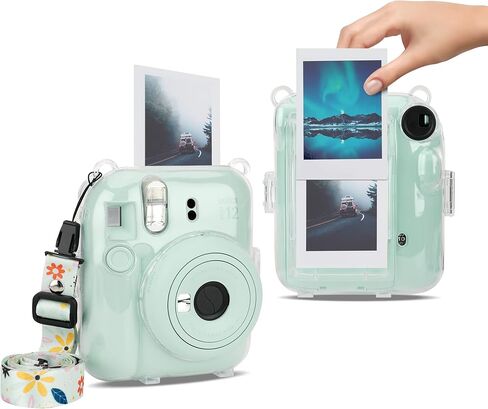 حافظة كاميرا شفافة متوافقة مع كاميرا Fujifilm Instax Mini 12 الفورية - حافظة كاميرا صغيرة 12، حزام كتف بنمط لطيف وملصقات نمطية، وألبوم 64 جيب (أرجواني) in Kuwait