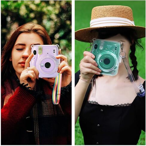 حافظة فودا الشفافة لكاميرا فوجي فيلم إنستاكس ميني 11 الفورية - غطاء حماية صلب من البولي فينيل كلوريد مع حزام كتف قوس قزح قابل للإزالة و20 ورقة ملصق أفلام ملونة بصور فورية أرجوانية لامعة in Kuwait