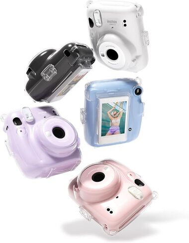 حافظة فودا الشفافة لكاميرا فوجي فيلم إنستاكس ميني 11 الفورية - غطاء حماية صلب من البولي فينيل كلوريد مع حزام كتف قوس قزح قابل للإزالة و20 ورقة ملصق أفلام ملونة بصور فورية أرجوانية لامعة in Kuwait