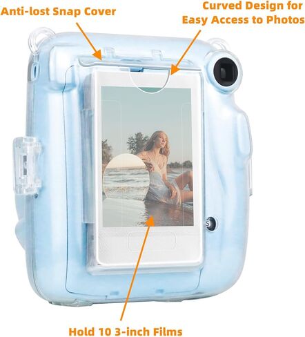 حافظة فودا الشفافة لكاميرا فوجي فيلم إنستاكس ميني 11 الفورية - غطاء حماية صلب من البولي فينيل كلوريد مع حزام كتف قوس قزح قابل للإزالة و20 ورقة ملصق أفلام ملونة بصور فورية أرجوانية لامعة in Kuwait