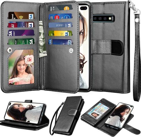 NJJEX Wallet Case for Galaxy S10 Plus, for Galaxy S10+ Case, PU Leather [9 Card Slots] Credit Holder Folio Flip [Detachable][Kickstand] Magnetic Phone Cover & Wrist Strap for Samsung S10 Plus [Mint] in Kuwait