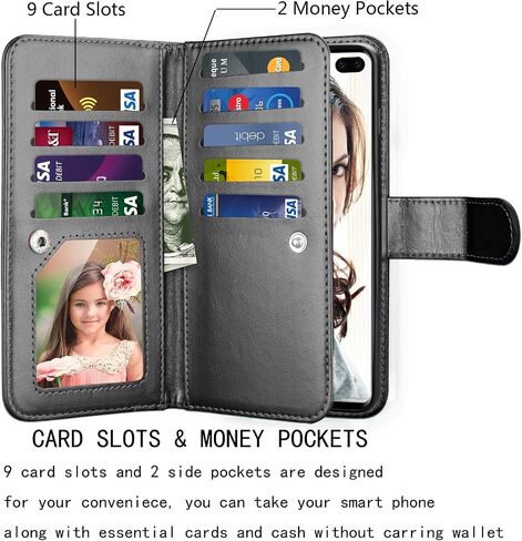 NJJEX Wallet Case for Galaxy S10 Plus, for Galaxy S10+ Case, PU Leather [9 Card Slots] Credit Holder Folio Flip [Detachable][Kickstand] Magnetic Phone Cover & Wrist Strap for Samsung S10 Plus [Mint] in Kuwait
