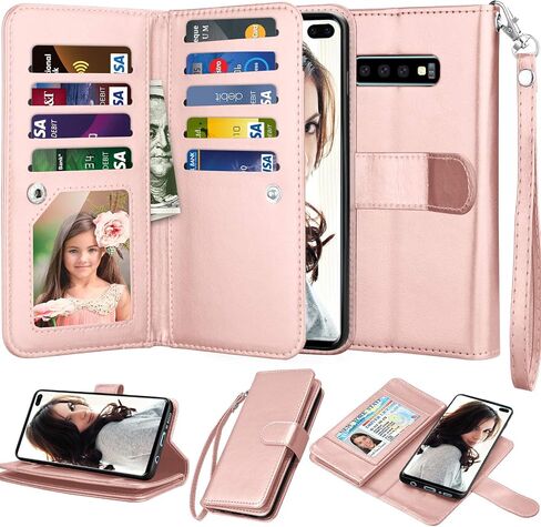NJJEX Wallet Case for Galaxy S10 Plus, for Galaxy S10+ Case, PU Leather [9 Card Slots] Credit Holder Folio Flip [Detachable][Kickstand] Magnetic Phone Cover & Wrist Strap for Samsung S10 Plus [Mint] in Kuwait