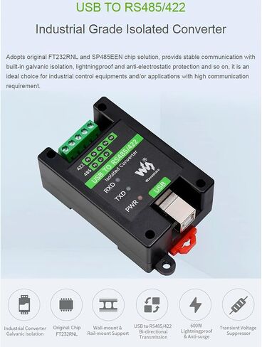 محول USB صناعي معزول إلى RS485/422، رقاقة FT232RL وشريحة SP485EEN الأصلية، مسافة نقل تصل إلى 1.2 كم، يدعم Linux، Android، Wince، Win11/10/8.1/8/7/XP، إلخ. in Saudi Arabia