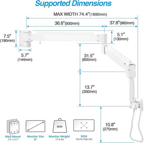 AVLT Medical Grade 17.6 lbs Monitor Wall Mount - Mounts Ultrawide Monitor on 74" Long Extension Full Motion Height Adjustable Arm - for Healthcare and Maintenance Area in Kuwait