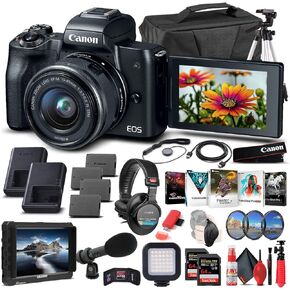 Canon EOS M50 Mirrorless Digital Camera with 15-45mm Lens (Black) (2680C011), 4K Monitor, Pro Headphones, Pro Mic, 2 x 64GB Memory Card, Case, Corel Photo Software, Pro Tripod + More (Renewed) in Saudi Arabia